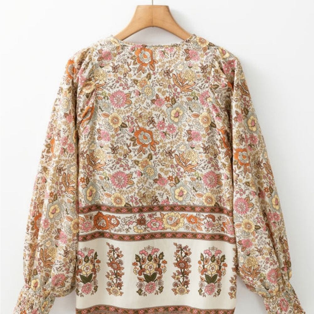 NWOT Floral Boho Women's Peasant Top Poet Blouse Neutral | Size M - Picture 6 of 9